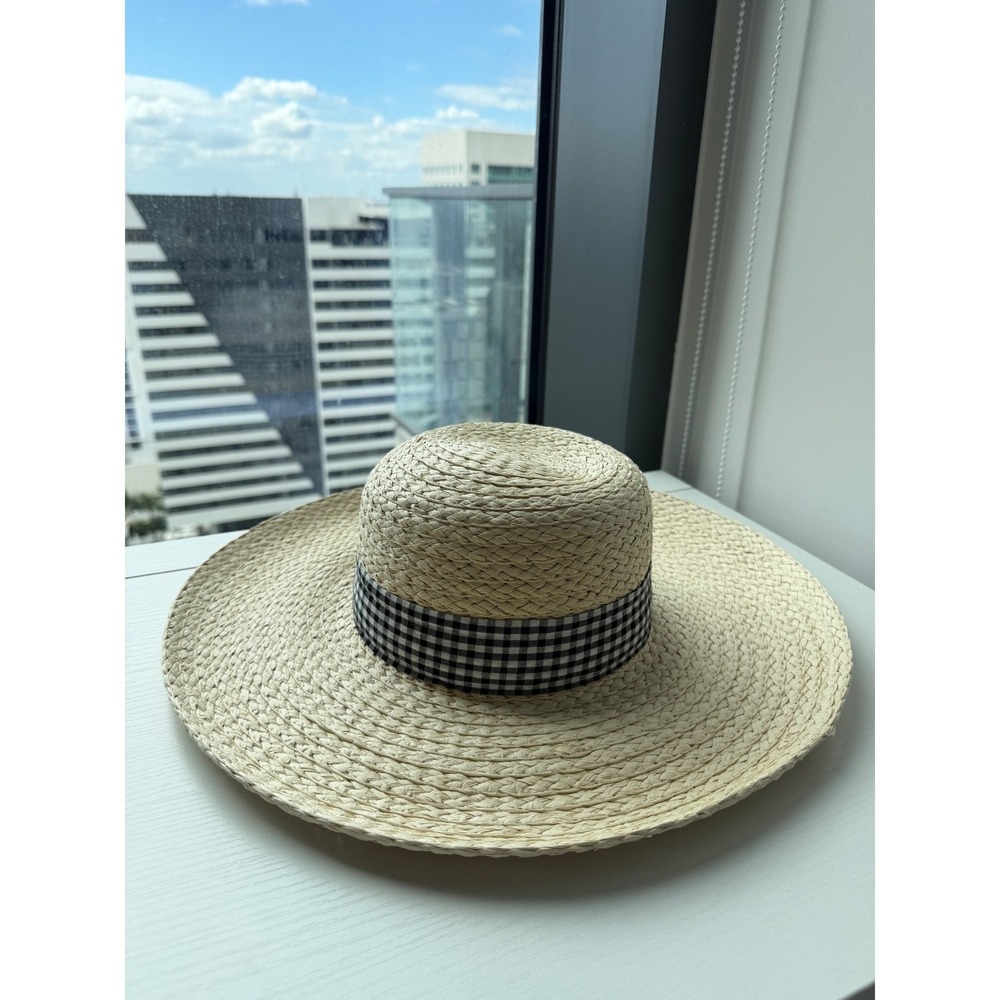 Forever 21 Wide Brim Straw Sun Hat with Black Gingham Ribbon Band S/M 55cm
